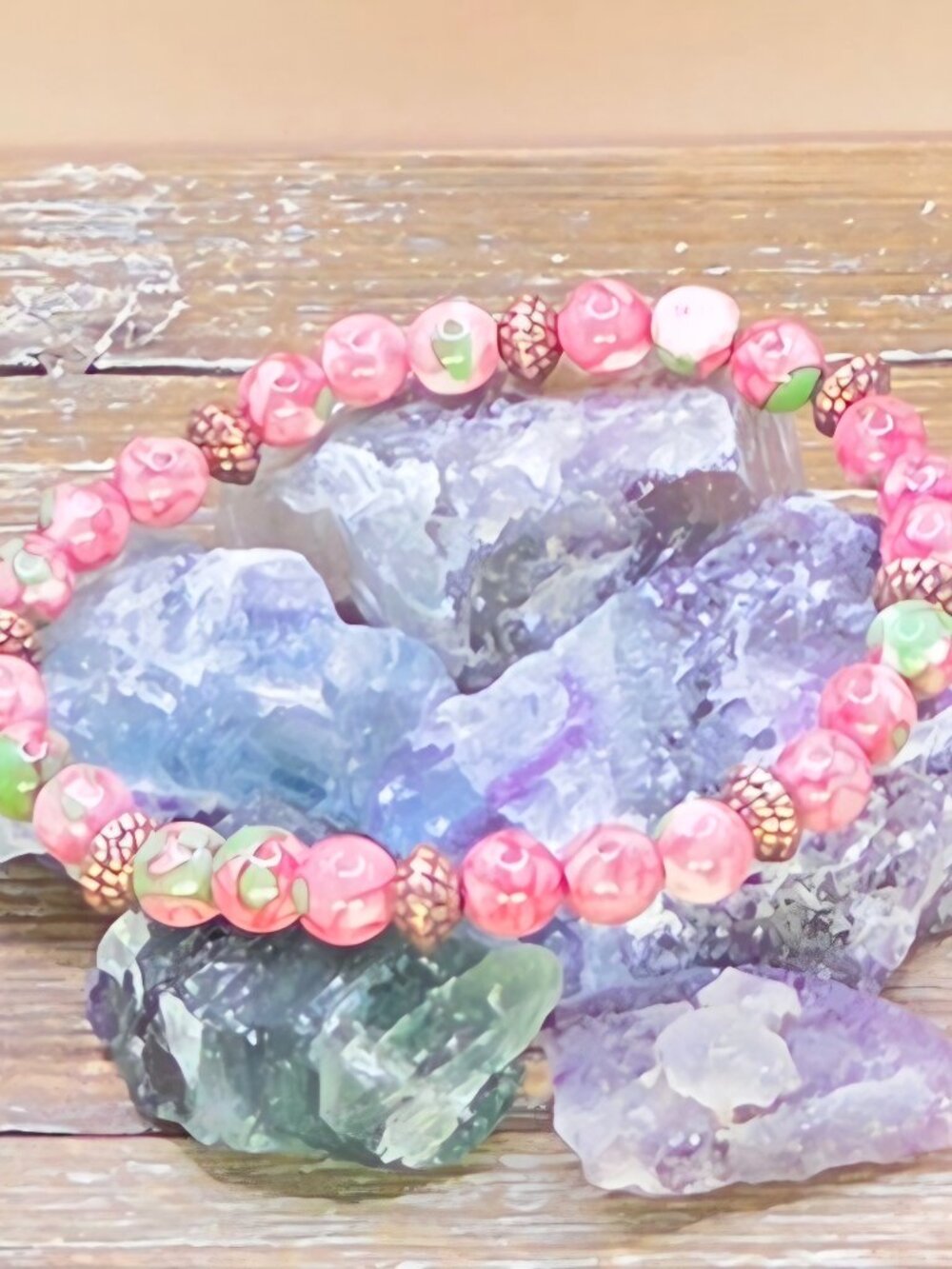 Pink and Green Rain Flower Jade and Copper Beaded Bracelet